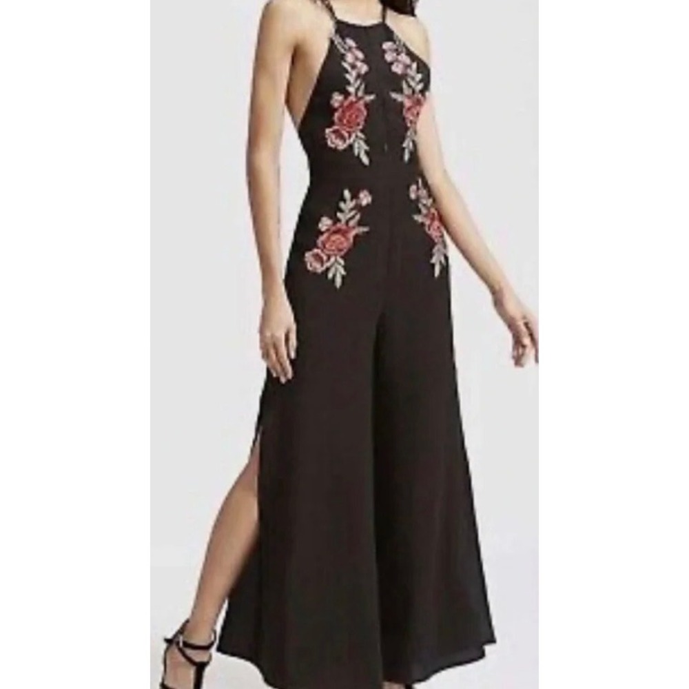 Luxxel Women Jumpsuit Floral Embroidered Black Size S Wide Leg Open Back Strappy
